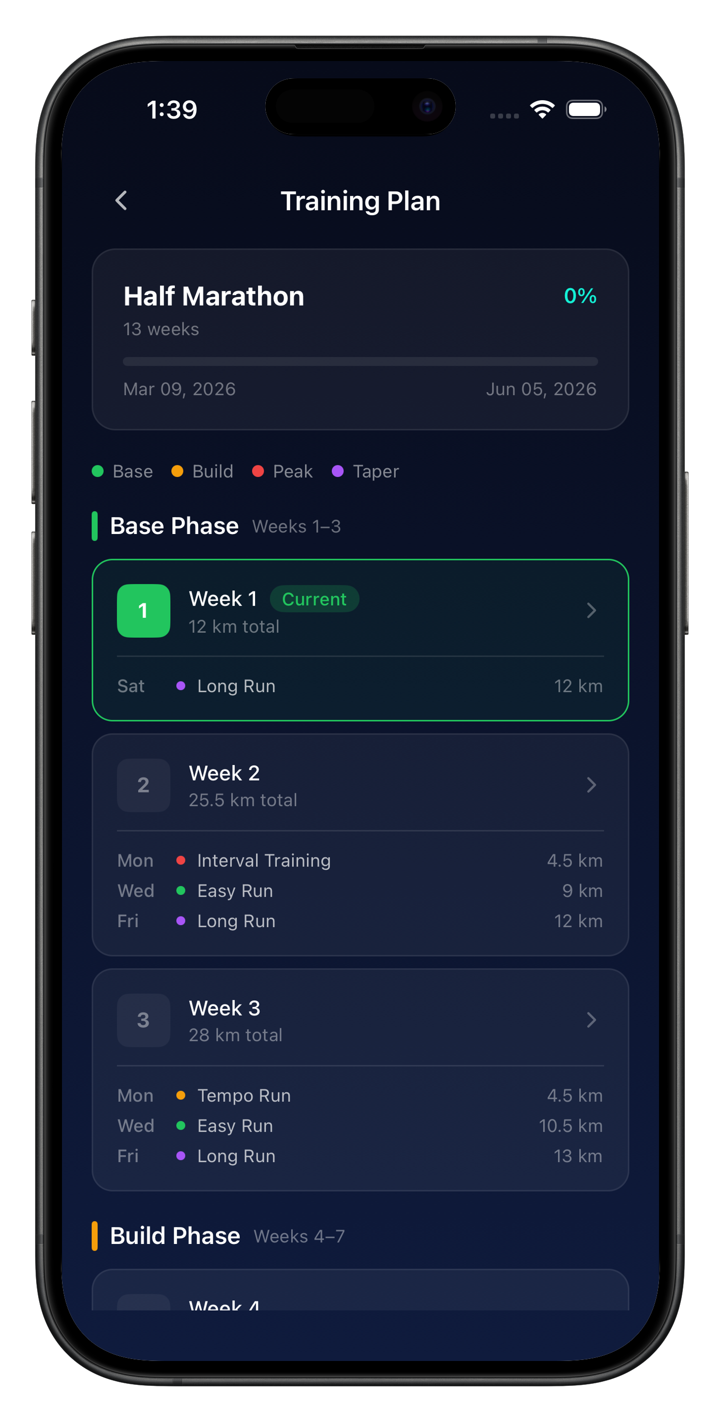 Runova adaptive running plan overview on iPhone