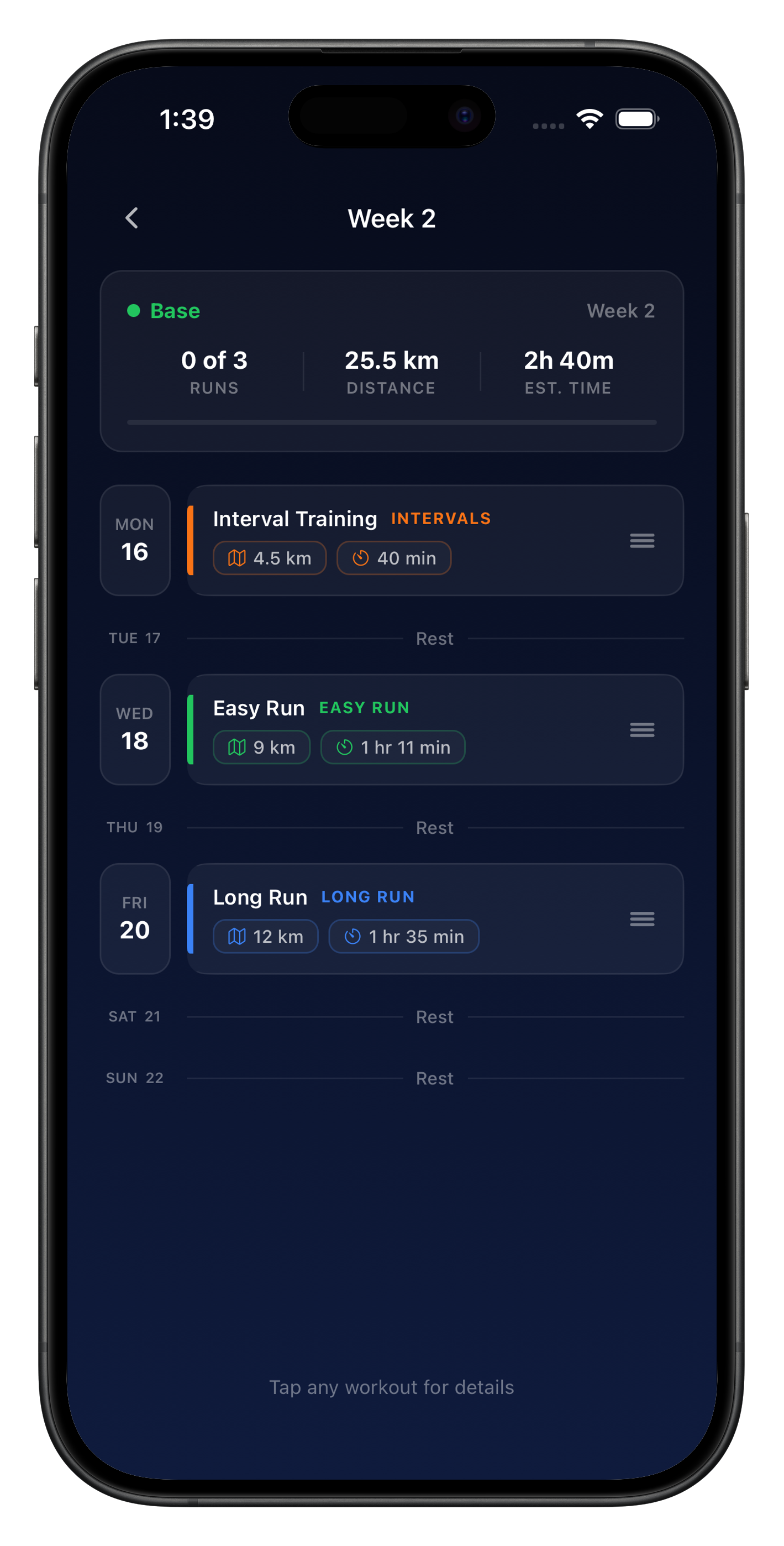 Runova weekly training view with scheduled runs